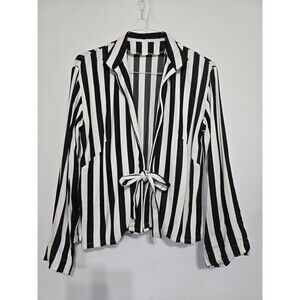 Kitsch Handmade Blazer Womens Large Black and White Striped Open Career Jacket